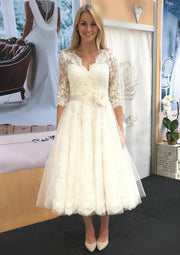 A-line V Neck 3/4 Sleeve Tulle Lace Tea-Length Wedding Dress