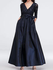 A-line V Neck Floor Length Lace Satin 3/4 Sleeve Navy Mother