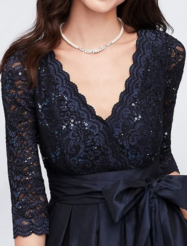 A-line V Neck Floor Length Lace Satin 3/4 Sleeve Navy Mother