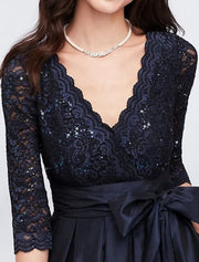 A-line V Neck Floor Length Lace Satin 3/4 Sleeve Navy Mother