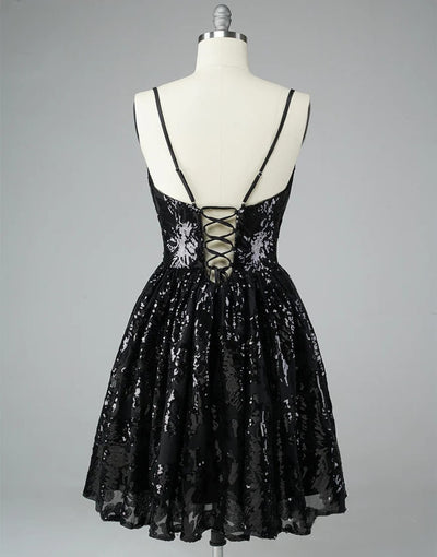 A-Line V Neck Black Lace Glitter Straps Corset Back