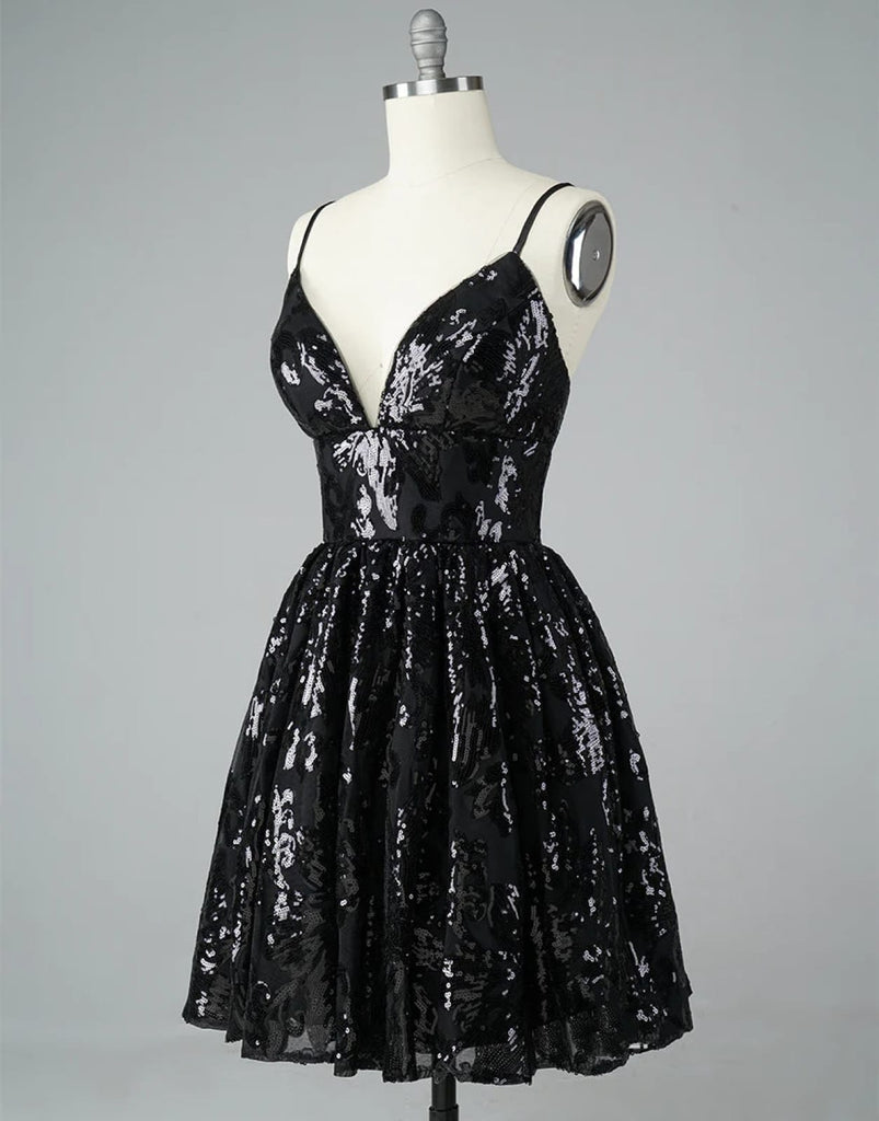 A-Line V Neck Black Lace Glitter Straps Corset Back