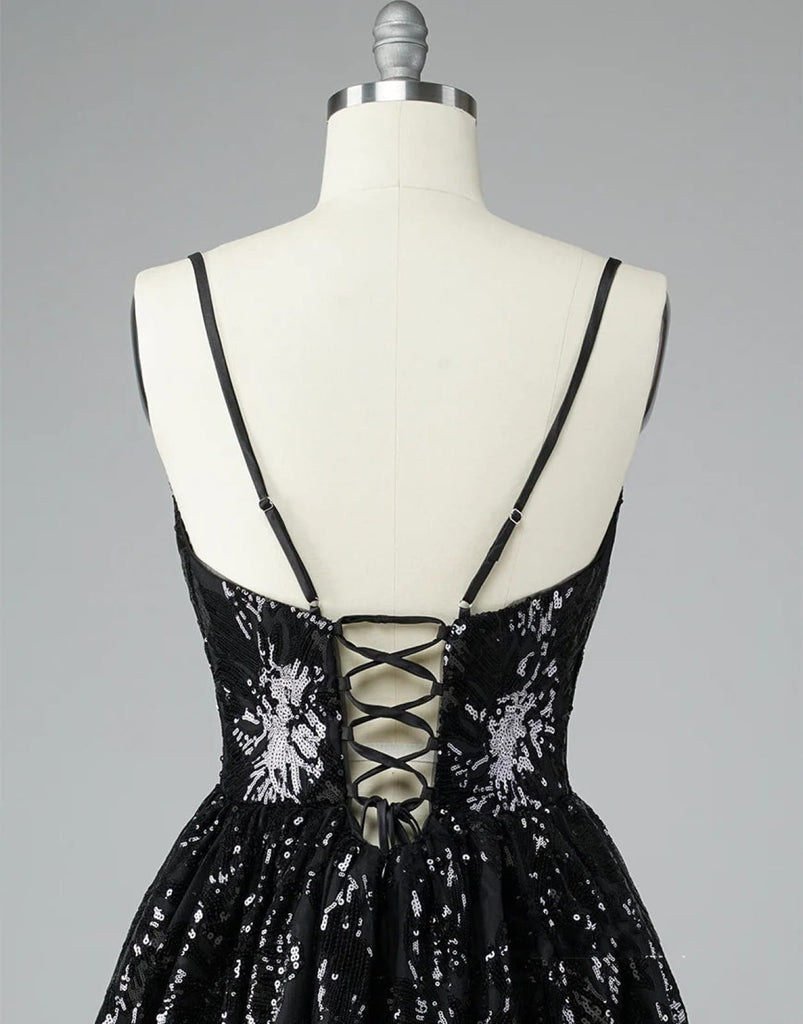 A-Line V Neck Black Lace Glitter Straps Corset Back