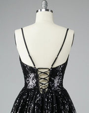 A-Line V Neck Black Lace Glitter Straps Corset Back
