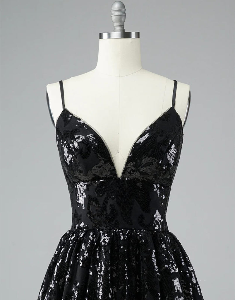 A-Line V Neck Black Lace Glitter Straps Corset Back