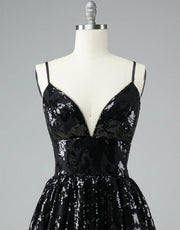 A-Line V Neck Black Lace Glitter Straps Corset Back