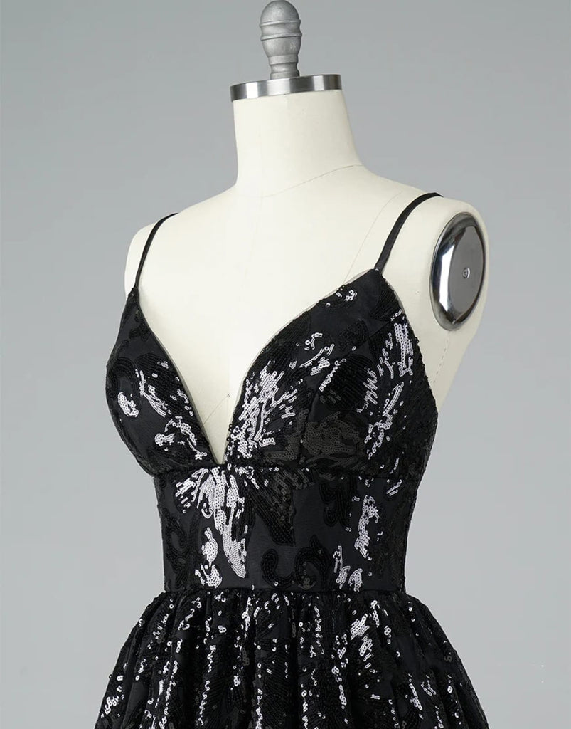 A-Line V Neck Black Lace Glitter Straps Corset Back