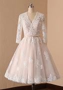 A-line V Neck Champagne Lace Tulle Tea-Length Short Wedding Dress
