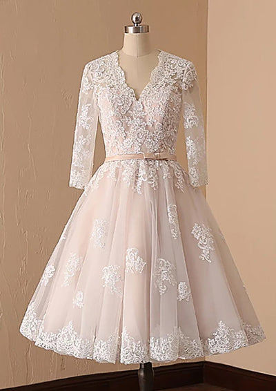 A-line V Neck Champagne Lace Tulle Tea-Length Wedding Dress 