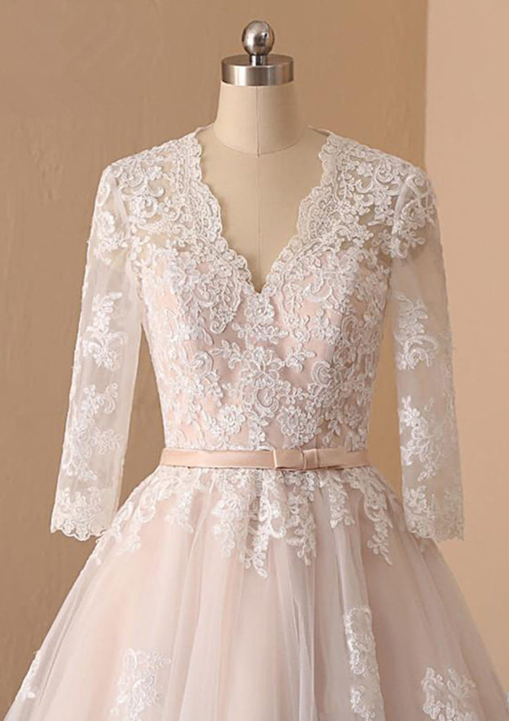 A-line V Neck Champagne Lace Tulle Tea-Length Wedding Dress