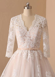 A-line V Neck Champagne Lace Tulle Tea-Length Wedding Dress 
