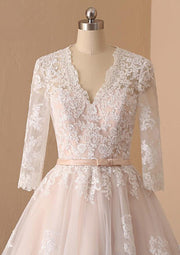 A-line V Neck Champagne Lace Tulle Tea-Length Wedding Dress
