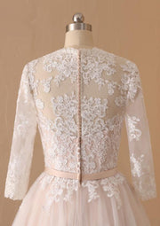 A-line V Neck Champagne Lace Tulle Tea-Length Wedding Dress