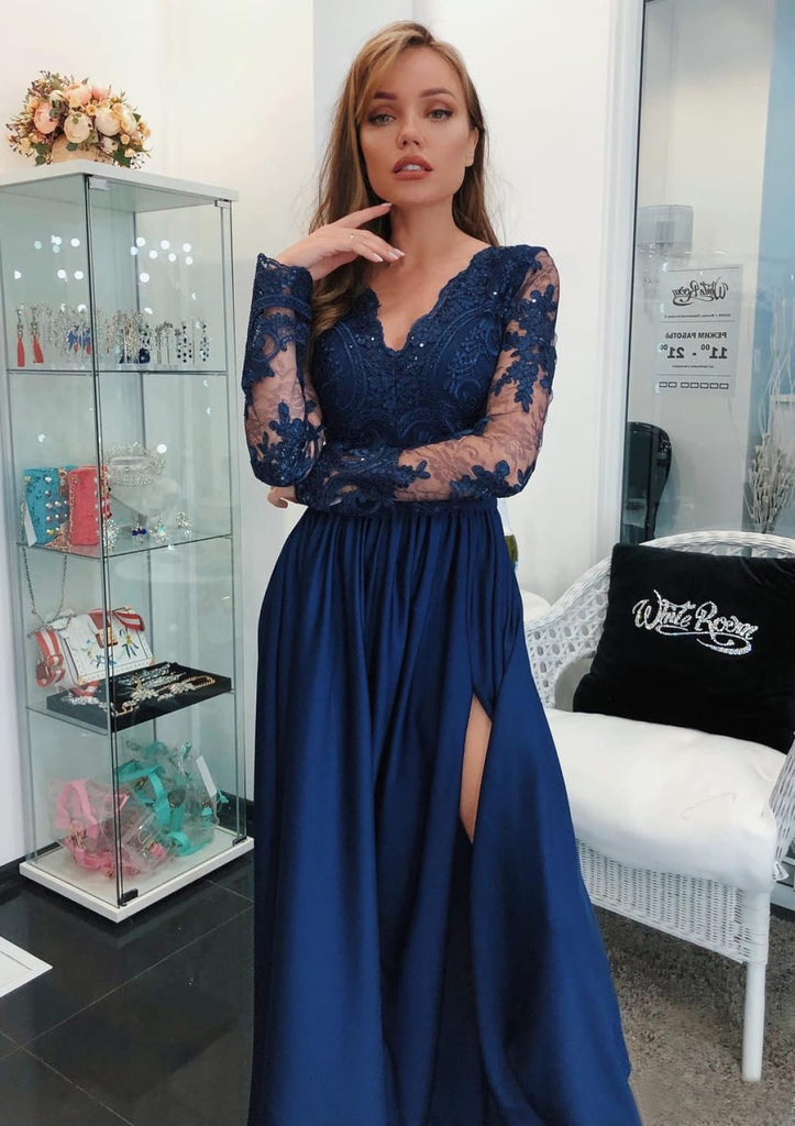 A-line V Neck Full Sleeve Slit Lace Long Charmeuse Navy