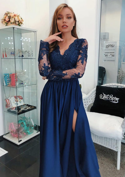 A-line V Neck Full Sleeve Slit Lace Long Charmeuse Navy