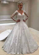 A-line V Neck Illusion Sleeve Panel Train Lace Satin Bridal Dress