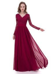 A-line V Neck Long Sleeve Burgundy Lace Chiffon Formal Dress