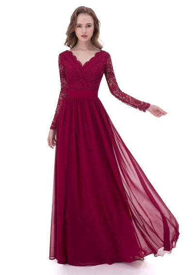 A-line V Neck Long Sleeve Burgundy Lace Chiffon Formal Dress