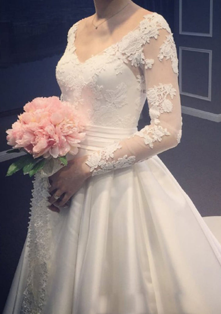 A-line V Neck Long Sleeve Chapel Satin Wedding Dress Lace -