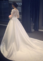 A-line V Neck Long Sleeve Chapel Satin Wedding Dress Lace -