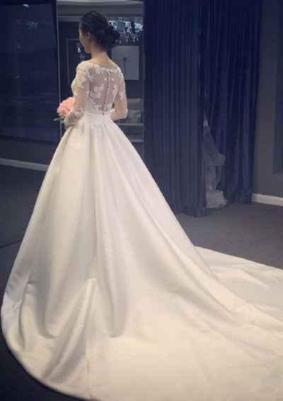 A-line V Neck Long Sleeve Chapel Satin Wedding Dress Lace -