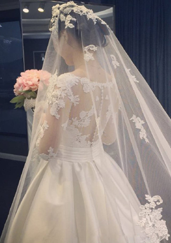 A-line V Neck Long Sleeve Chapel Satin Wedding Dress Lace -