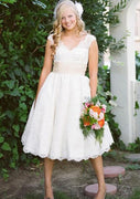 A-line V Neck Cap Sleeve Tea-Length Ivory Lace Short Wedding Dress