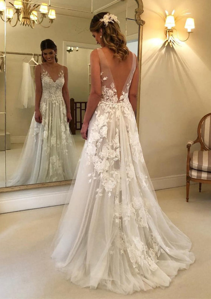 A-line V Neck Sleeveless Deep V Back Appliqued Tulle Wedding
