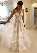 A-line V Neck Sleeveless Deep V Back Lace Tulle Wedding Dress
