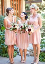 A-line V Neck Sleeveless Short Chiffon Homecoming Dress