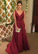 A-line V Neck Sleeveless Sweep Wine Red Charmeuse Prom Dress, Bowknot