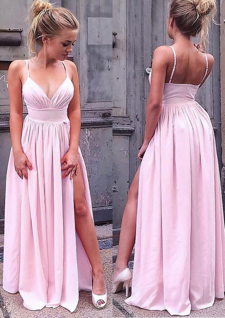A-line V-neck Spaghetti Strap Sleeveless Open Back Long