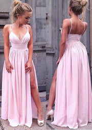 A-line V-neck Spaghetti Strap Sleeveless Open Back Long 