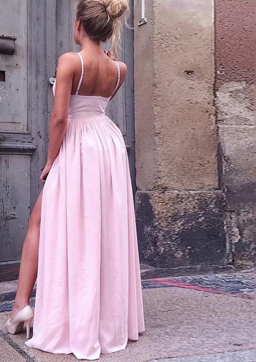 Spaghetti Straps Backless Sleeveless A Line Long Prom Dress With Front Split         S6274 main image 1