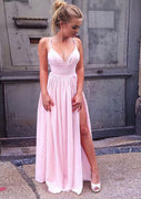 A-line V-neck Spaghetti Strap Open Back Long Satin Split Prom Bridesmaid Dress