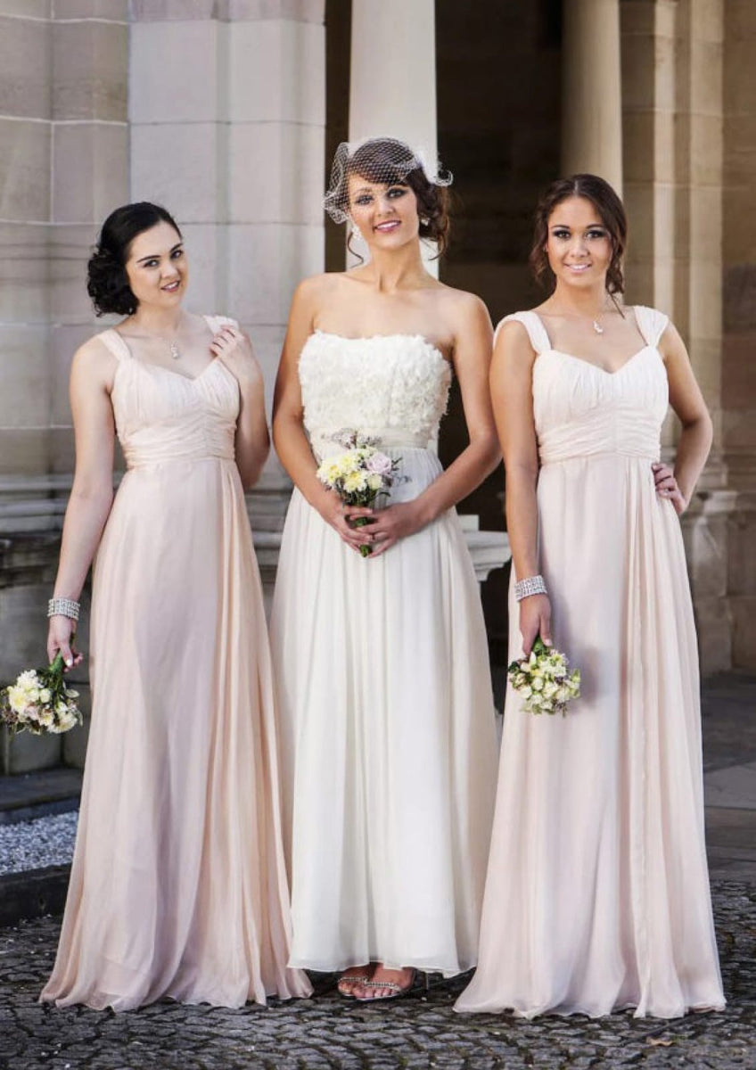 A-Line V Neck Spaghetti Strap Floor Length Chiffon Bridesmaid Dress with Pleats Ruching Pure Color main image 1