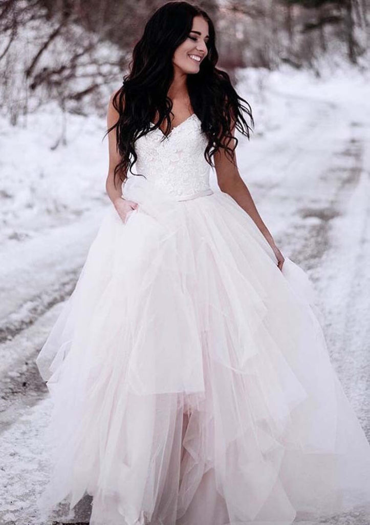 A-line V Neck Sleeveless Asymmetrical Tulle Wedding Bridal
