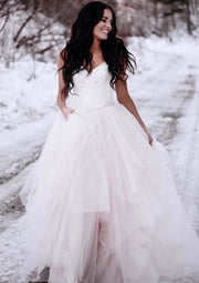 A-line V Neck Sleeveless Asymmetrical Tulle Wedding Bridal