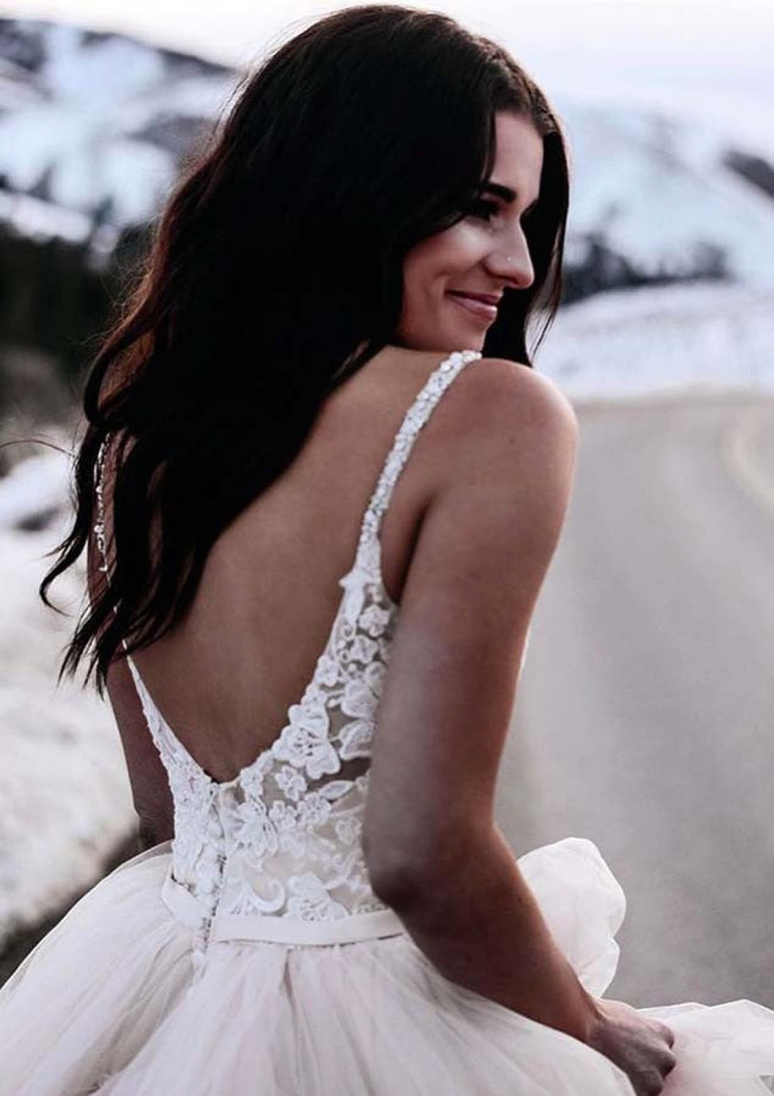 Sleeveless V Neck Tulle Ruffles Lace Wedding Dresses, Long Prom Dress C1371