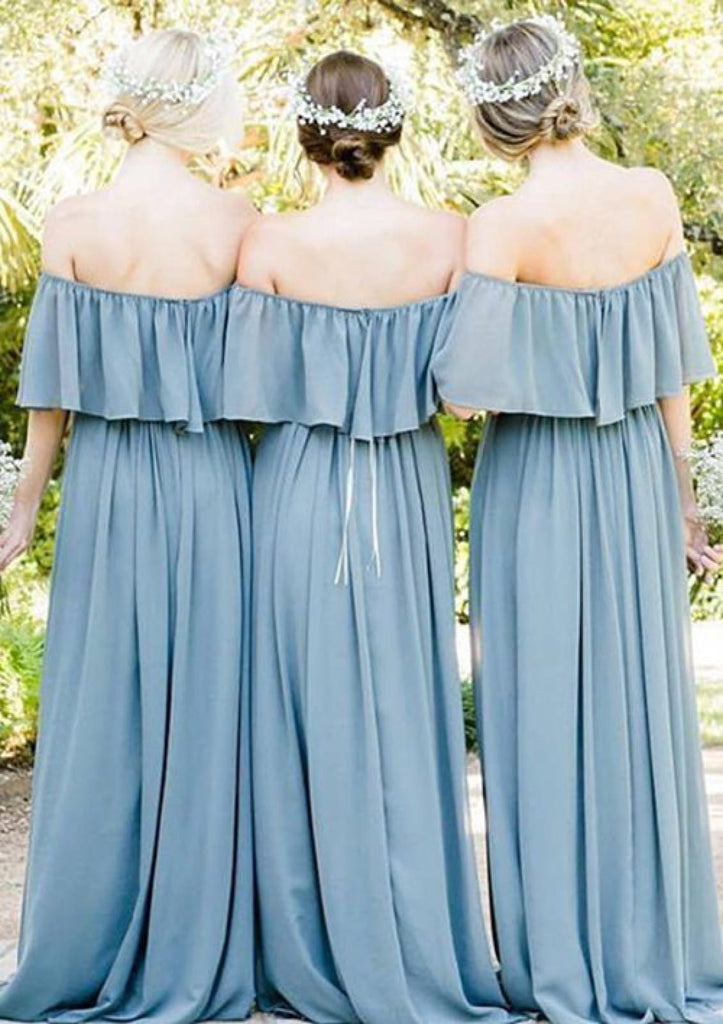 A-line Off Shoulder Floor-Length Ruffles Pleated Chiffon