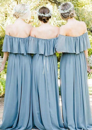 A-line Off Shoulder Floor-Length Ruffles Pleated Chiffon
