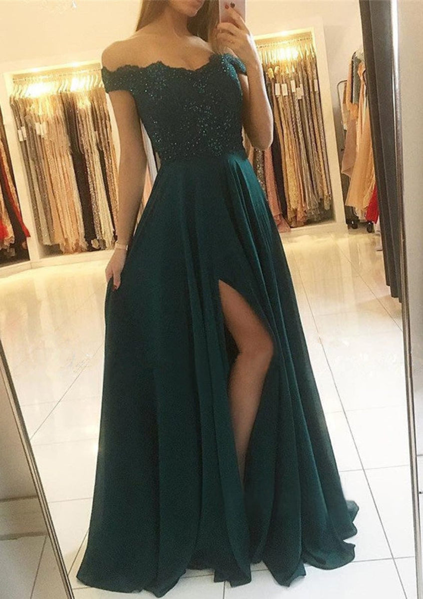 Simple A line Off the Shoulder Sleeveless Chiffon Slit Floor-Length Prom Dress main image 1