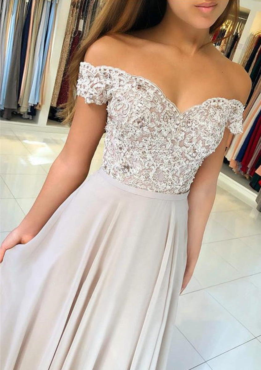 Chiffon A-Line/Princess Off Shoulder Floor-Length Formal Dresses with Ruched Waist