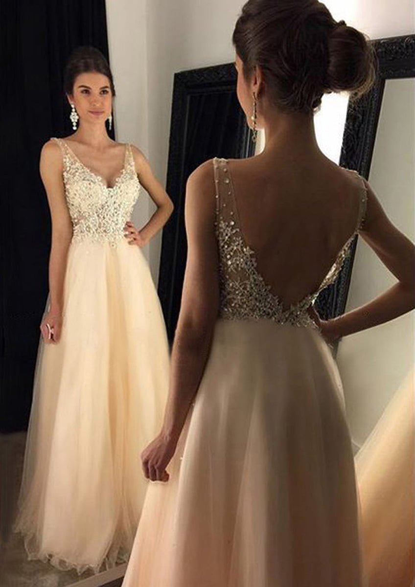 A Line V Neck Champagne Lace Prom Dresses, Champagne Lace Formal