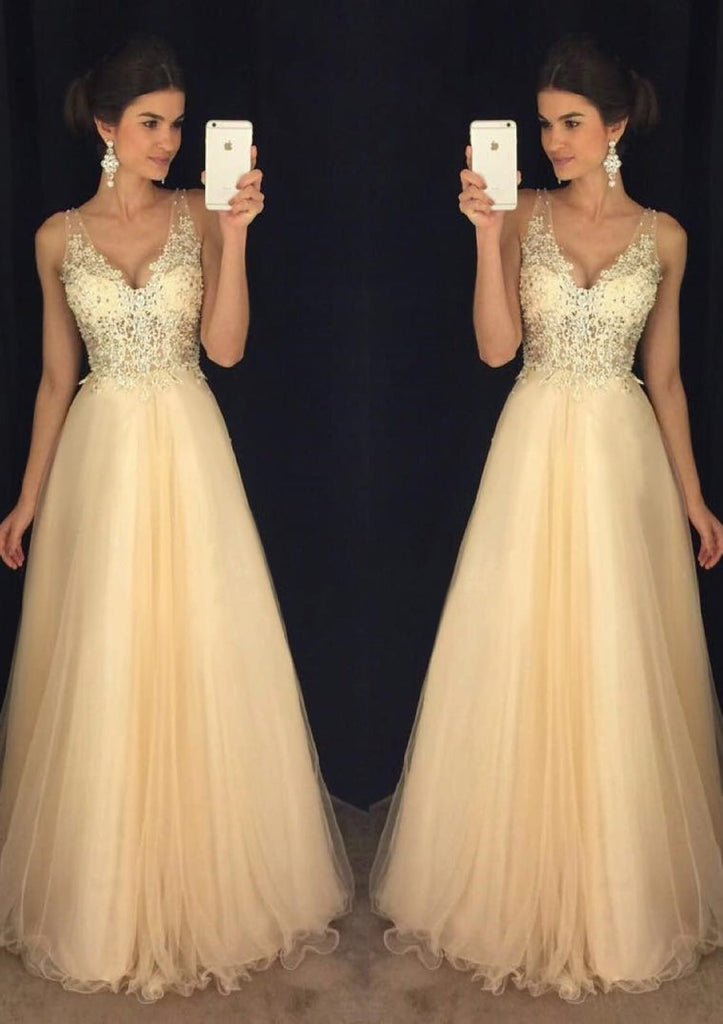 A-line Open V Back Long Champagne Tulle Prom Dress Evening