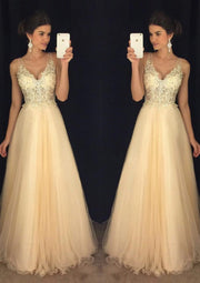 A-line Open V Back Long Champagne Tulle Prom Dress Evening