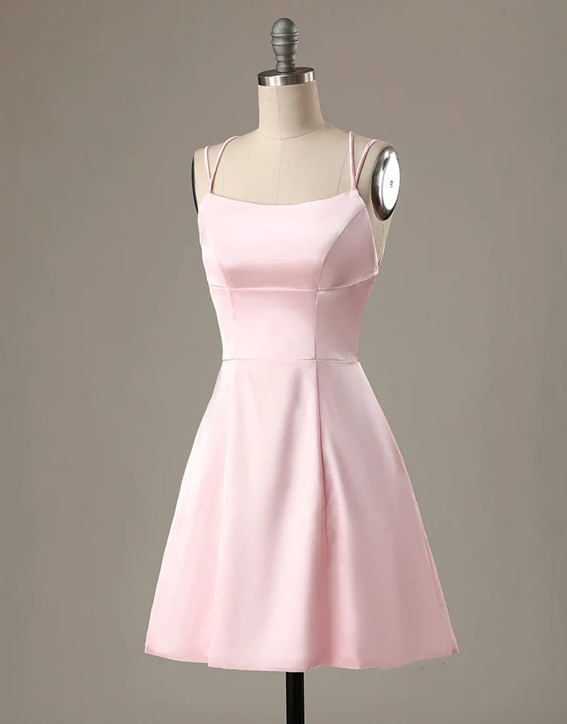 A-Line Pink Satin Double Straps Backless Short Homecoming