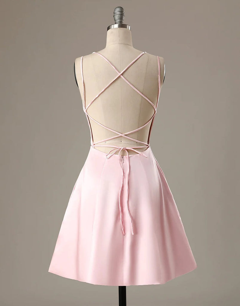 A-Line Pink Satin Double Straps Backless Short Homecoming