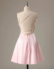 A-Line Pink Satin Double Straps Backless Short Homecoming
