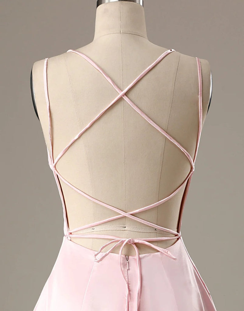 A-Line Pink Satin Double Straps Backless Short Homecoming